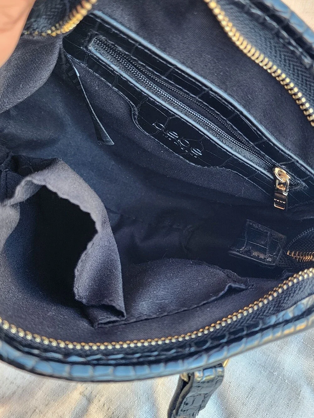 bebe Black Croc-Embossed Patent Satchel with Silver Logo